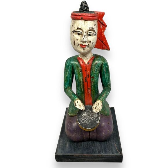 Vintage Asian Thai Hand Carved Wooden Carving Drummer Carving Musician Statue - Picture 1 of 12